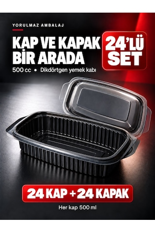 500 Cc Kapaklı Dikdörtgen Yemek Kabı 24 Lü Mikrodalgaya Uygun Siyah Paket Servis Kabı