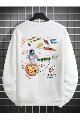Startmore Adrift Unisex Kadın/erkek Beyaz Galaxy Oversize Bisiklet Yaka Pamuklu Sweatshirt Beyaz