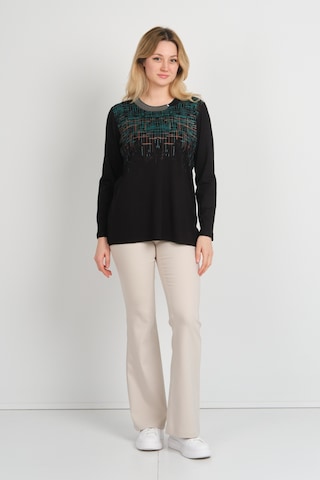 Detay Triko Kadın Taş Detaylı Desenli Yanları Yırtmaçlı Uzun Kol Anne Bluz 5741 Siyah Siyah