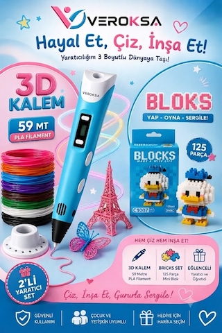 Mavi 3d Kalem + 125 Parça Blok Seti Hayallerini 3 Boyutlu Dünyaya Taşı Mavi Ördek