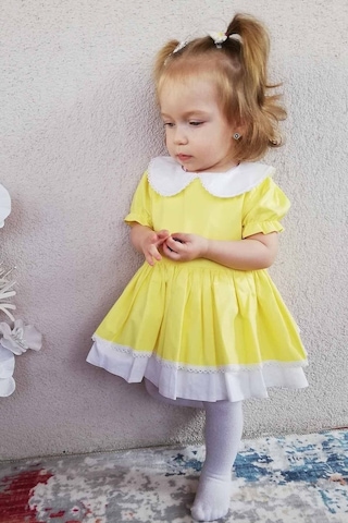 Dantel Detaylı Bebe Yaka Sarı Kız Çocuk Bebek Elbise 001