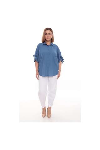 Lady Majestic Cotton Büyük Beden Kadın Pamuklu Gömlek Rahat Kesim, Düğmeli, Volan Kol Detaylı Mavi