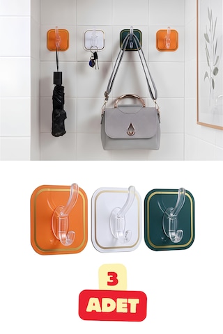 3 Adet Renkli Askı Yapışkanlı Kanca Mutfak Banyo Pratik Kullanışlı Havlu Bornoz Askısı Şeffaf Uçlu Yapışkan Askılık Seti Çok Renkli
