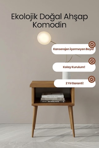 Modern Masif Ahşap Komodin - Raf Detaylı İskandinav Tasarım Kahverengi