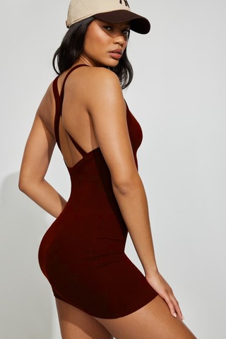 Seeh Bordo Halter Yaka Sırt Detaylı Mini Elbise Sh363 Düz