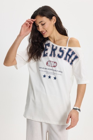 Tudors Kadın Oversize Geniş Kesim %100 Pamuk Kayık Yaka Kısa Kollu Baskılı Beyaz Tişört-50337