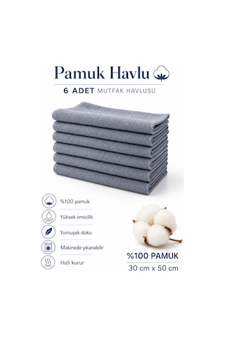 6 Adet Mutfak Havlusu El Yüz Havlusu Gri