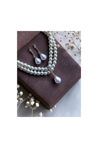 Zirkon Taşlı Tasma Choker İnci Kolye Ve İnci Küpe Seti Düğün Nikah Kına Beyaz 96662388
