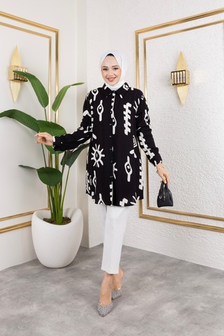 Hira Life Fashion Kadın Tesettür Giyim Ve Spor Giyime Uygun Düğme Detaylı Şık Desenli Dokuma Viskon Gömlek-tunik Siyah Siyah