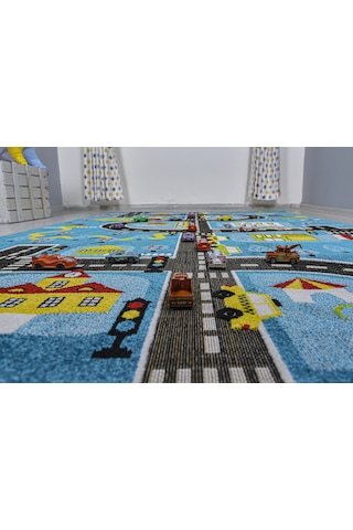 Konfor Halı 3 Boyutlu Mavi Trafik Arabalı Dokuma Çocuk Oyun Halısı Mavi
