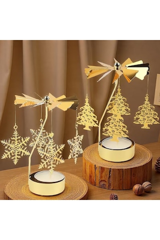 2'li Set Dönen Işıklı Kar Tanesi Ve Ağaç Metal Tealight Mumluk Gold