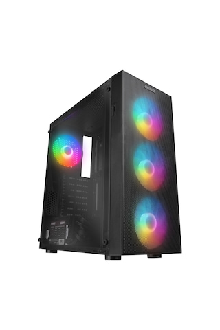 Everest Faced V5 600 W 4x12 CM RGB Fan ATX Temper Camlı Mid Tower Oyuncu Kasası Siyah