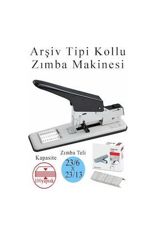 Büyük Boy 1 Adet Arşiv Tipi Zımba Makinası 100 Sayfa Kapasiteli Zımba Teli Hediyeli Kollu