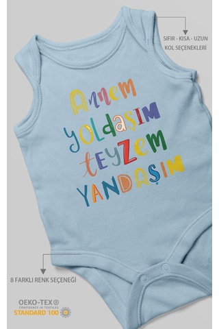 Annem Yoldaşım Teyzem Yandaşım Baskılı Bebek Zıbını Çıtçıtlı Body %100 Pamuk Sıfır Kol Bebe Mavisi
