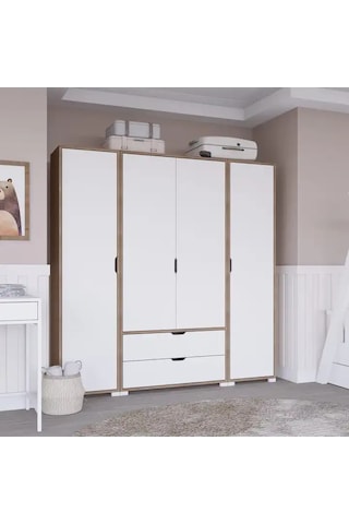 Nisan Açık Ceviz-beyaz 4 Kapılı 2 Çekmeceli Elbise Dolabı - Gardırop Seti Açık Ceviz & Beyaz