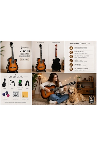 Valares Vc20c Kesik Kasa Klasik Gitar 38 İnç 4/4 Yetişkin Üst Segment Çanta Capo Askı Pena Tuner Sunburst