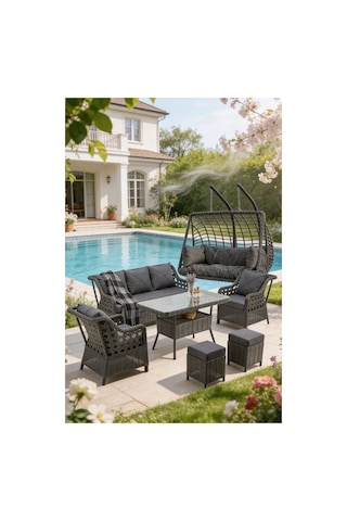 Dora Garden Home Ecem 7 Kişilik Rattan Bahçe Mobilyası Ve 2 Kişilik Rattan Salıncak Seti-antrasit