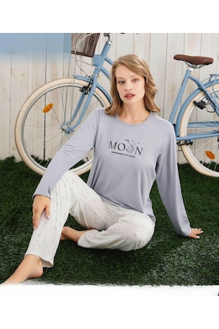 Pijamoni Kadın Milan Bisiklet Yaka Uzun Kol İnce Pijama Takımı 7600/24 - 1 Adet Gri