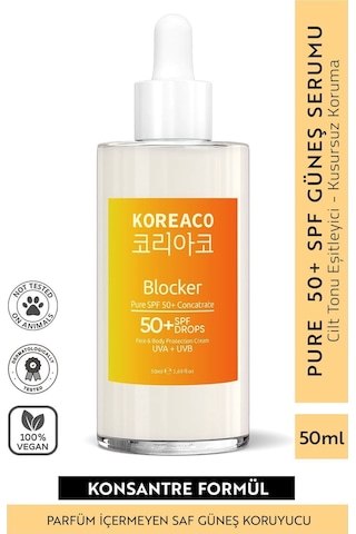 Koreaco Blocker %100 Saf SPF 50+ Suya Dayanıklı Yüksek UVB+UVA Korumalı 50ml Güneş Serumu