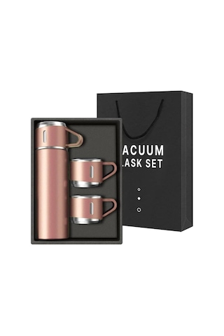 6006 Kupa Bardaklı Paslanmaz Çelik Termos Seti 500 Ml - Pembe Çok Renkli