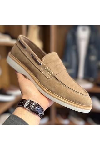 Alza %100 Hakiki Deri Erkek Loafer Günlük Rahat Ve Şık Ayakkabı - Bej Süet