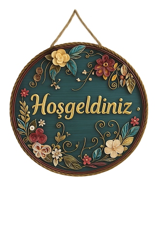 Kapı Süsü Ahşap Mdf "hoşgeldiniz" Yazılı - Çiçek Desenli - 2d Flat - Uv Baskılı Yeşil