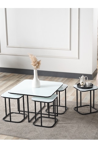 Pelikan 4+1 Beyaz Temperli Cam Siyah Metal Ayak Takım Sehpa Sedaş Living Units Sehpa