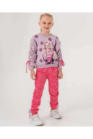 Kız Çocuk Rahat Kesim Sweatshirt Ve Büzgülü Jogger Takım Lila&Pembe