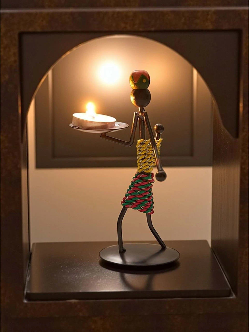 Retro Etnik Afrika Figürlü Demir Mumluk / Şamdan Tutucu - Masaüstü Dekor Yükseklik 15 Cm Diğer
