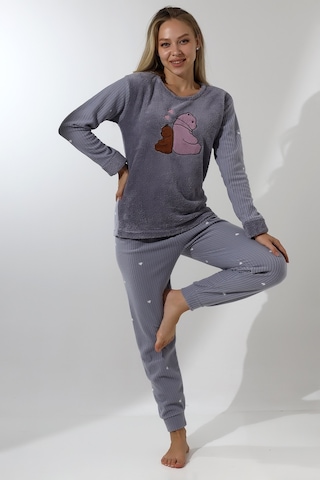Wordex Fawn 5015 Peluş Welsoft Polar Kışlık Ayıcıklı Yumoş Kadın Pijama Takımı Açık Gri Vizon