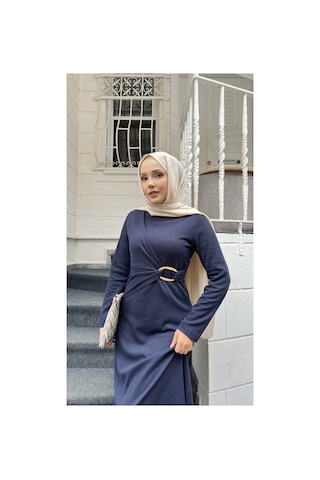 Riella Butik Gold Halka Toka Detaylı Lacivert Triko Elbise