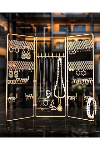 Takı Düzenleyici 3'Lü Altın Takı Organizeri Dekoratif Takılık Küpelik Bileklik Kolye Seti Standı Metal Gold