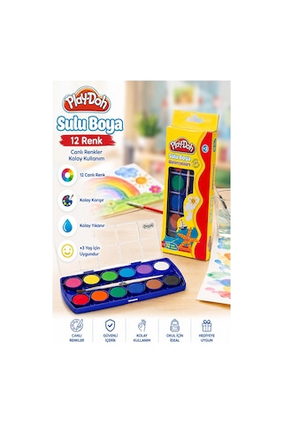 12 Renk Sulu Boya 23mm 1 Paket Play-doh 12 Li Suluboya Fırça Hediyeli Canlı Renkler Kaliteli Yıkanabilir Zararsız Küçük Çok Renkli