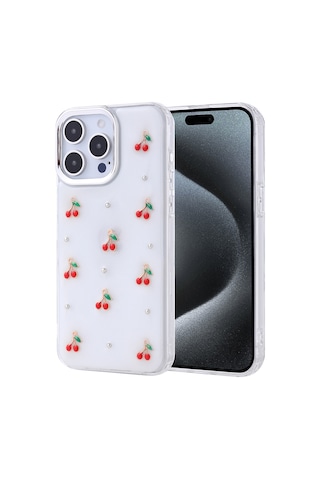 Toyigoo İphone Uyumlu 15 Pro Max Kılıf Airbag Tasarımlı Simli Şeffaf Kutup Kapak - Kiraz Şeffaf