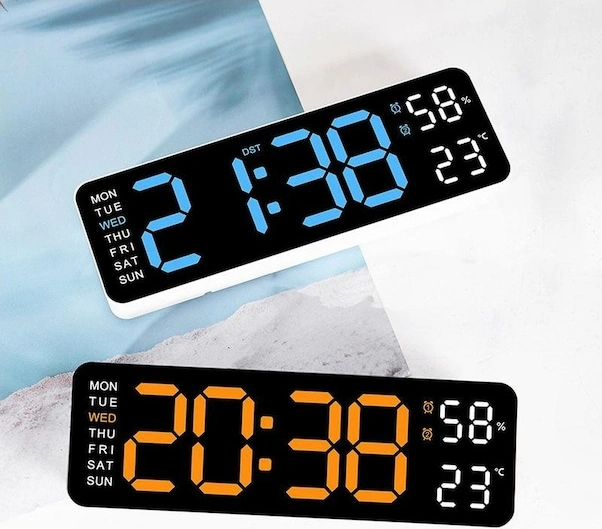 Yaleker 9 İnç Led Dijital Saat, Sıcaklık-nem Göstergeli, Hafta Günü Gösteren, Otomatik Işık Ayarlı, 12/24 Saat Formatlı Duvar/sandık Saati Beyaz - Mavi