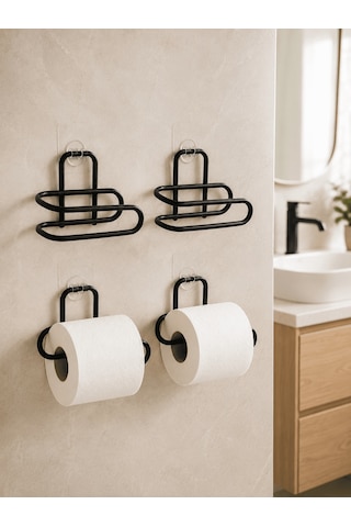 Duvara Yapışkanlı Wc Kağıtlık Siyah Metal 4 Adet Tuvalet Kağıdı R Çok Renkli
