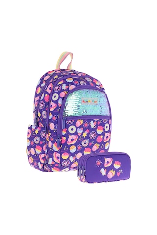 Kaukko Kids Kız Çocuk Okul Çantası Ve Üç Bölmeli Kalemlik Seti Mor - Pullu Şekerleme - L5216+l8216 Mor