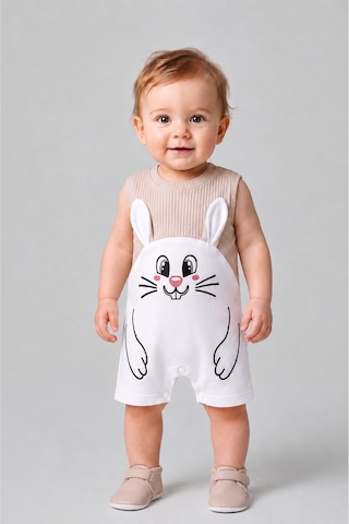 Babyden's Erkek Bebek Tavşan Desenli Yazlık Tulum Fitilli Pamuklu Kolsuz Bebek Tulumu Çıtçıtlı Romper 0-9 Ay Bej