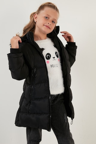 Lela Peluş Astarlı Yakası Suni Kürklü Çıkarılabilir Kapüşonlu Kışlık Kız Çocuk Mont 5766038 Siyah