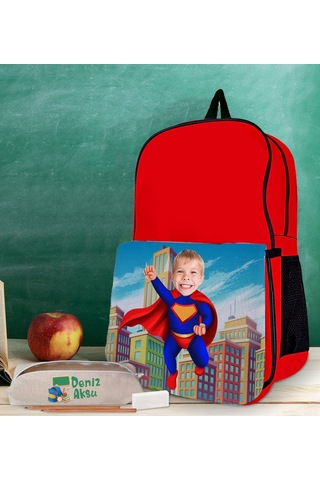 Bk Gift Kişiye Özel Süper Kahraman Tasarımlı Kırmızı Okul Çantası Ve Kalemlik Hediye Seti-3