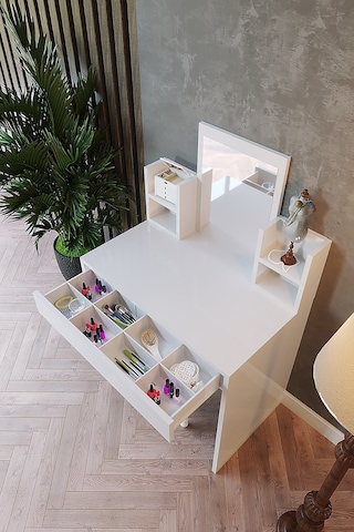 Aynalı Raflı Makyaj Masası - 90x49 cm Beyaz Çekmeceli Tuvalet Masası