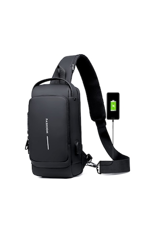Arion USB Şarj Portlu ve Kilitli Omuz ve Göğüs Çantası Siyah