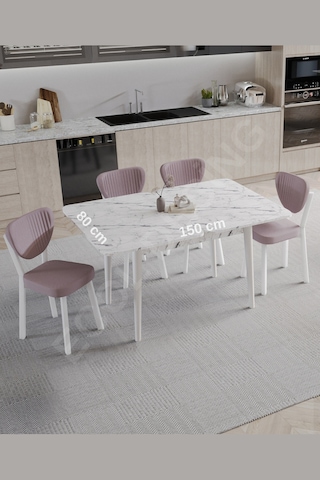 Faymend 4lü, Açılır, Döner, Mutfak Masası Takımı, Yemek Masası, Kapalı Ölçü: 75x80 Cm - Açık Ölçü: 80x150 Cm Beyaz