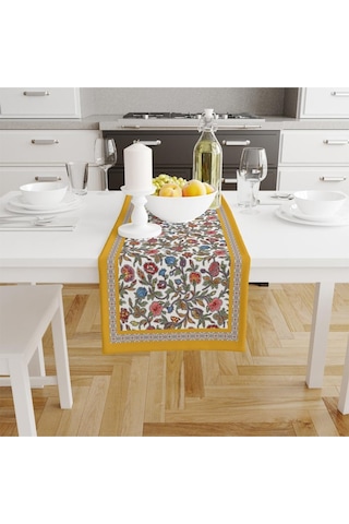 Colorful Flowers Runner 140x45cm Renkli Çiçek, Ince Keten Uluslararası Yıkama Ve Solmama Sertifikası Çok Renkli