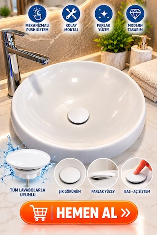 Lavabo Gider Süzgeci Bas Aç Pop-up Sistem Taşma Yüzüklü Dayanıklı Tasarım Beyaz