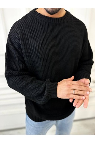 Kazak Oversize Çift Kat Örme Naturel Pamuk Bol Kesim Tüylenmeyen Salaş Triko Kazak Siyah