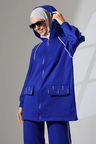 Kadın Saks Mavisi Mevsimlik Penye Alt Üst Spor Ve Rahat Ikili Tunik Pantolon Şık Tesettür Takım Saks Mavisi