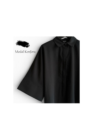 Feg Store Siyah Yarasa Kol Duble Manşetli Modal Oversize Gömlek