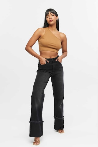 Shevega Kadın Siyah Işlemli Ters Paça Püskül Bol Paça Kot Jeans Pantolon Siyah