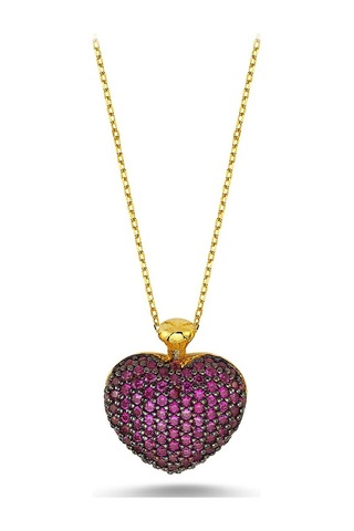 Fuşya Zirkon Taş Işlemeli Kalp Kolye (498566877)